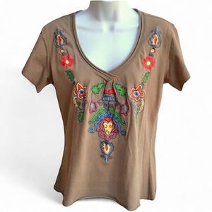 Putumayo Eclectic Floral Embroidery Rolled Raw Hem V-Neck Knit Top